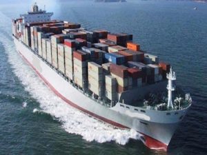 A ship carrying shipped consumer goods through the ocean