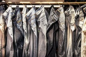 Jeans hung up in a store