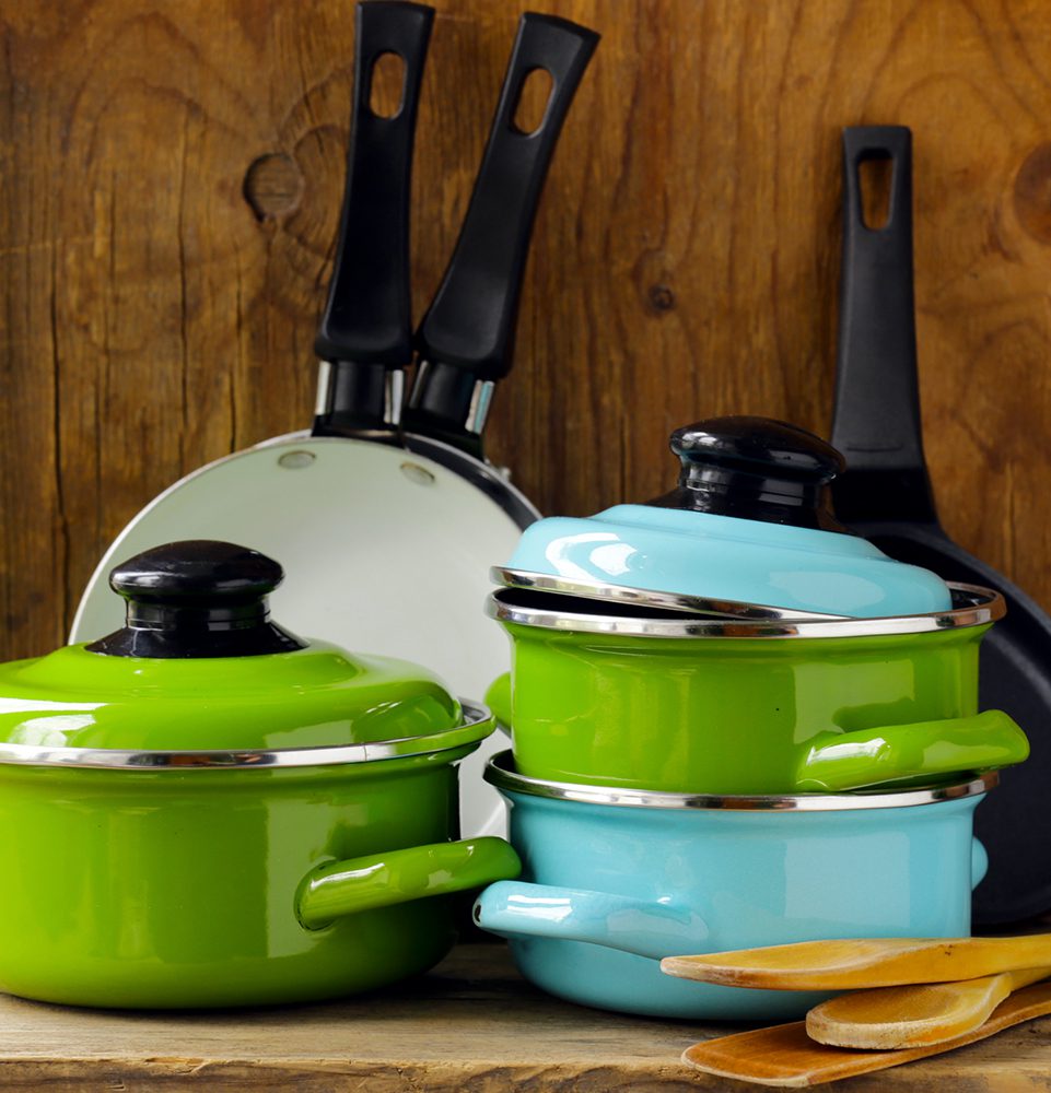 Various colored pots and pans